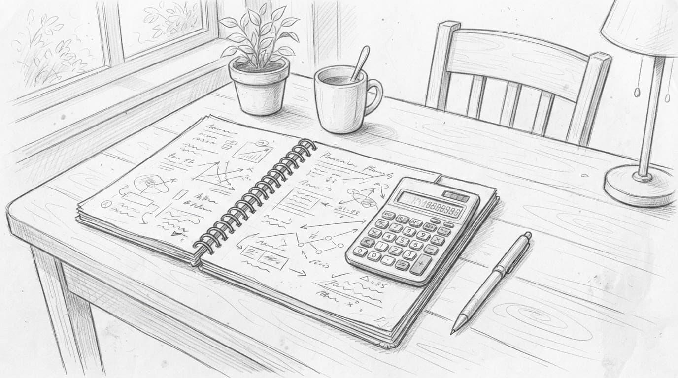 Scrivania disegnata a matita con appunti e calcolatrice su sfondo bianco.