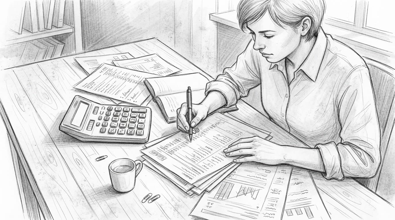 Una persona controlla moduli accanto a calcolatrice e penna.