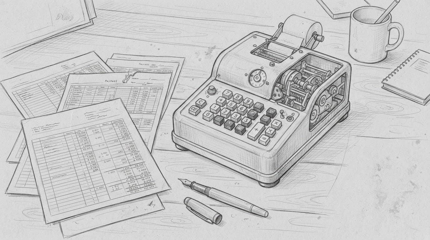 Calcolatore vintage, documenti finanziari e penna su carta grigio chiaro.