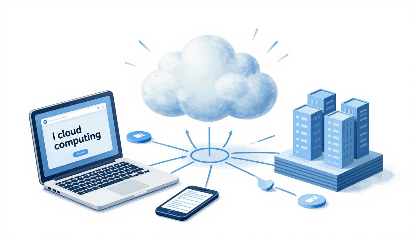 Cloud centrale collegato a laptop, smartphone e data center.