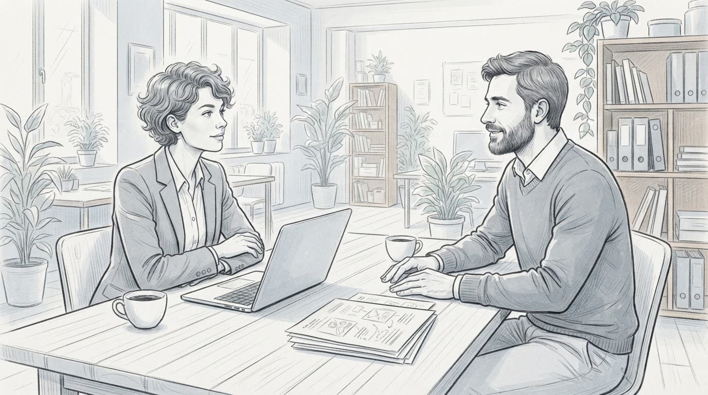 Due professionisti discutono al tavolo con un brief, caffè e laptop.