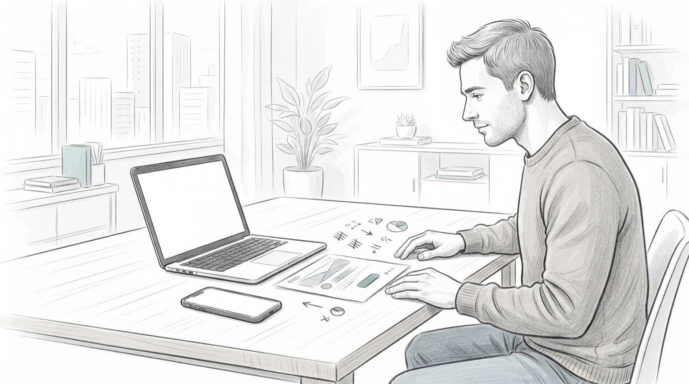 Fondatore di profilo confronta laptop, telefono, schizzo di landing page e metriche astratte.