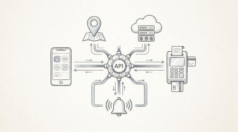 Un hub centrale collega app, cloud, pagamenti, mappe e notifiche.