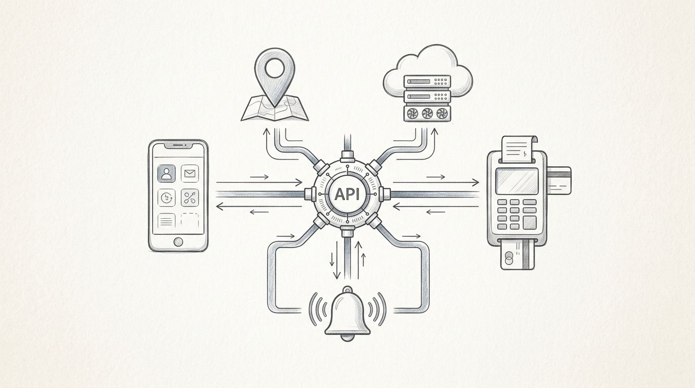 Un hub centrale collega app, cloud, pagamenti, mappe e notifiche.