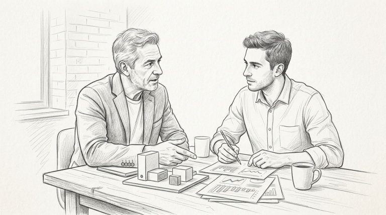 Un fondatore e un business angel discutono di un prototipo e di grafici finanziari.