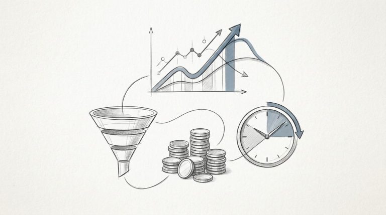Illustrazione di startup con curva di crescita, monete, imbuto e orologio del recupero costi.