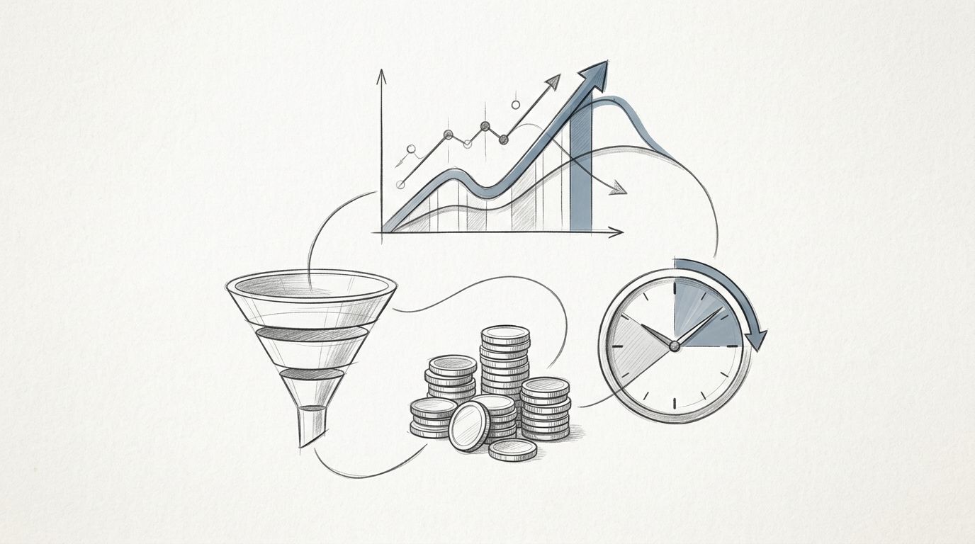 Illustrazione di startup con curva di crescita, monete, imbuto e orologio del recupero costi.