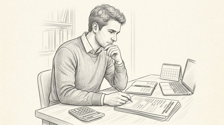 Lavoratore disoccupato esamina documenti con calcolatrice, laptop e calendario su una scrivania.