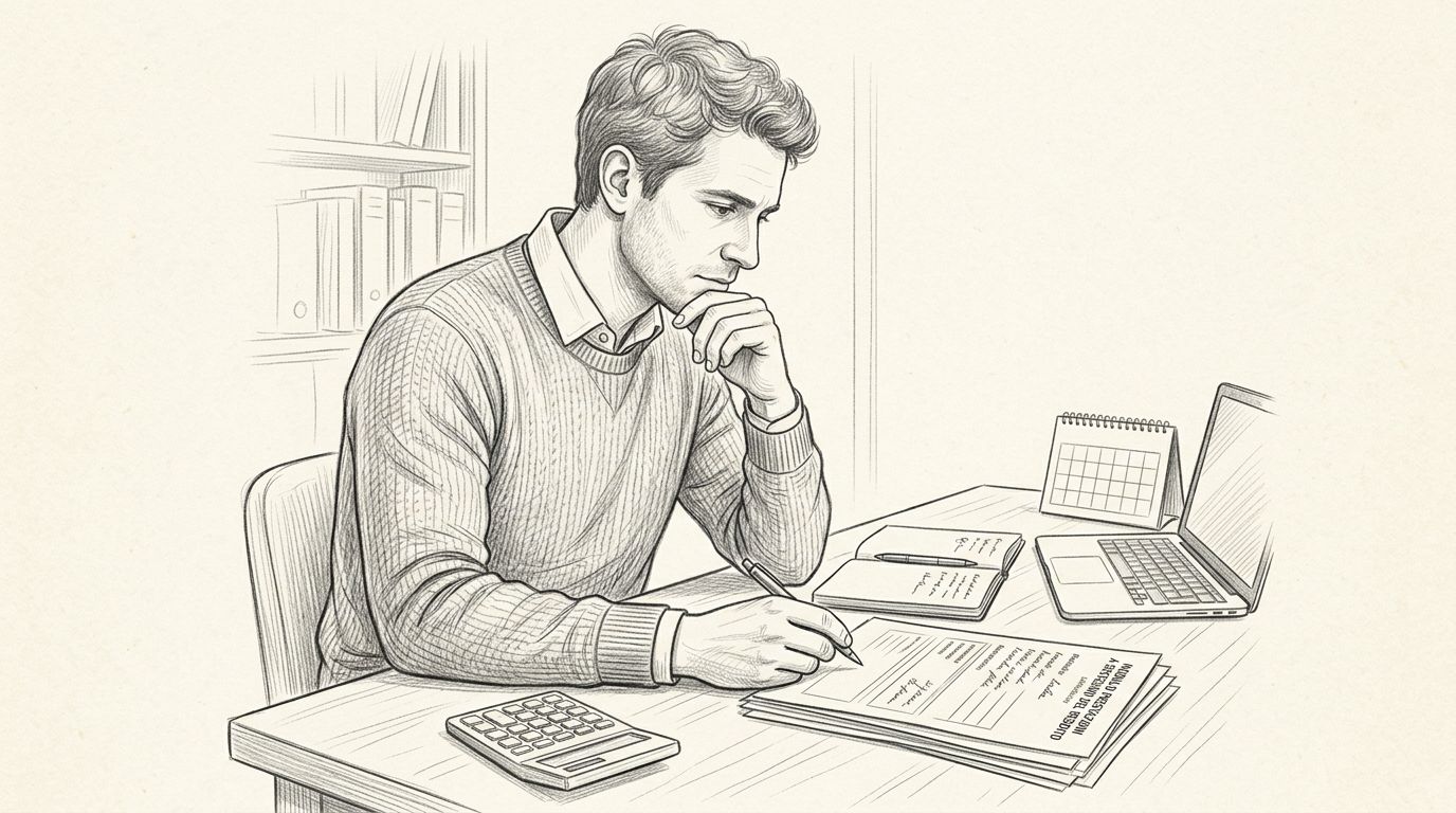 Lavoratore disoccupato esamina documenti con calcolatrice, laptop e calendario su una scrivania.