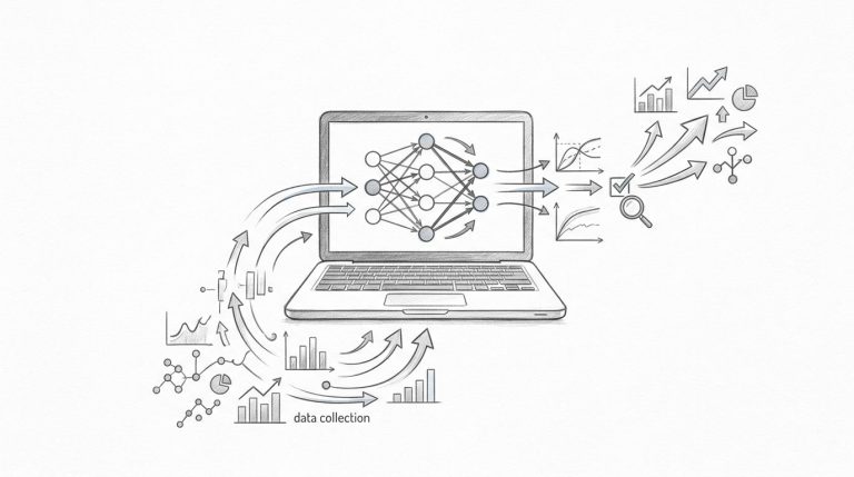 Laptop con rete neurale, dati collegati e frecce di flusso.