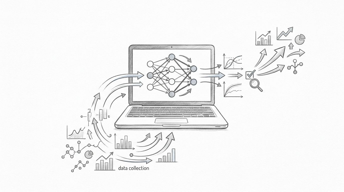 Laptop con rete neurale, dati collegati e frecce di flusso.