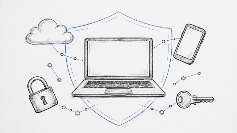 Laptop protetto da uno scudo, con smartphone, nuvola e rete intorno