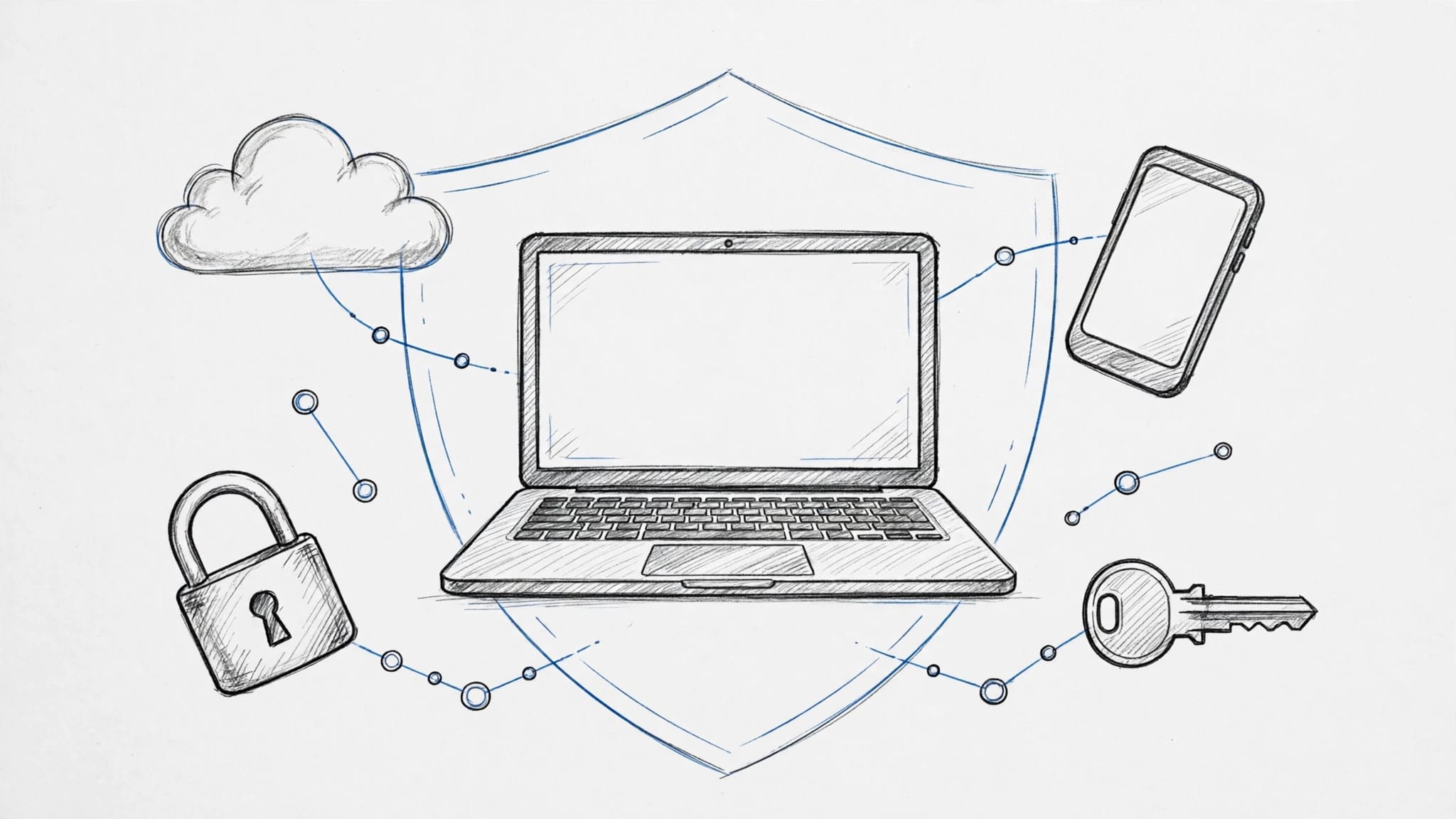 Laptop protetto da uno scudo, con smartphone, nuvola e rete intorno
