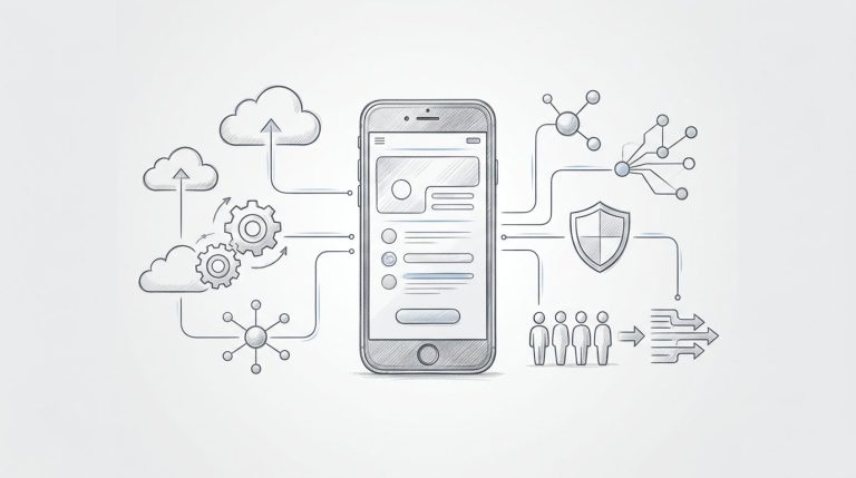 Uno smartphone collegato a cloud, ingranaggi, dati, sicurezza e persone.