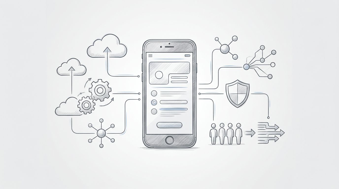 Uno smartphone collegato a cloud, ingranaggi, dati, sicurezza e persone.