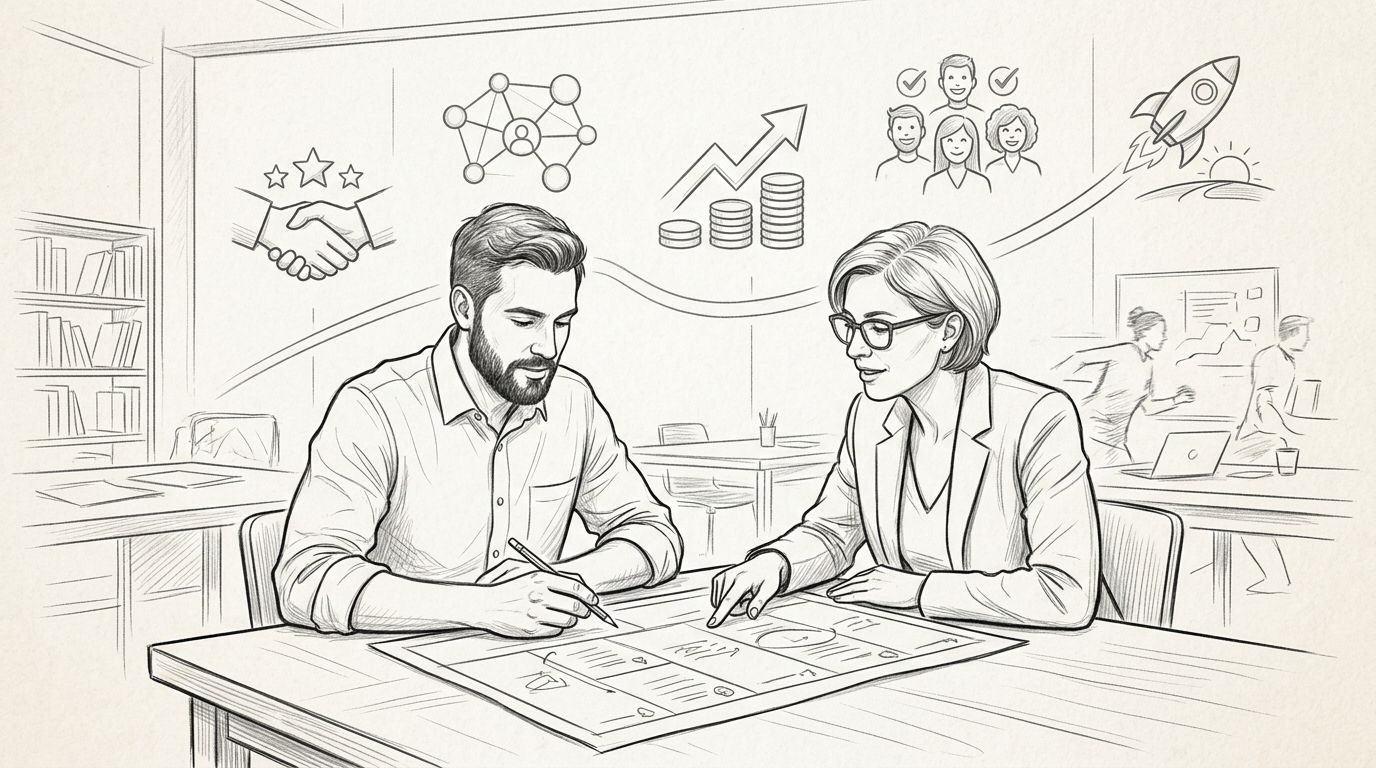 Fondatore e mentore esaminano un grafico a una scrivania in uno spazio per startup.