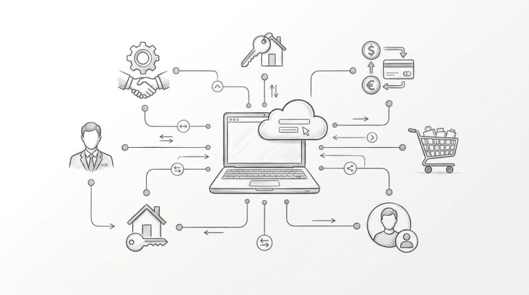 Laptop centrale collegato a icone per servizi, prenotazioni, pagamenti, acquisti e profilo utente.