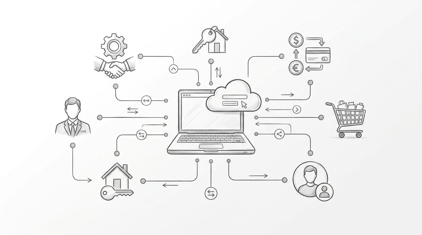 Laptop centrale collegato a icone per servizi, prenotazioni, pagamenti, acquisti e profilo utente.