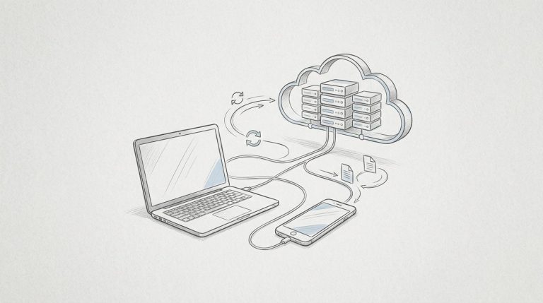 Laptop e smartphone collegati a una rete cloud da linee azzurre.