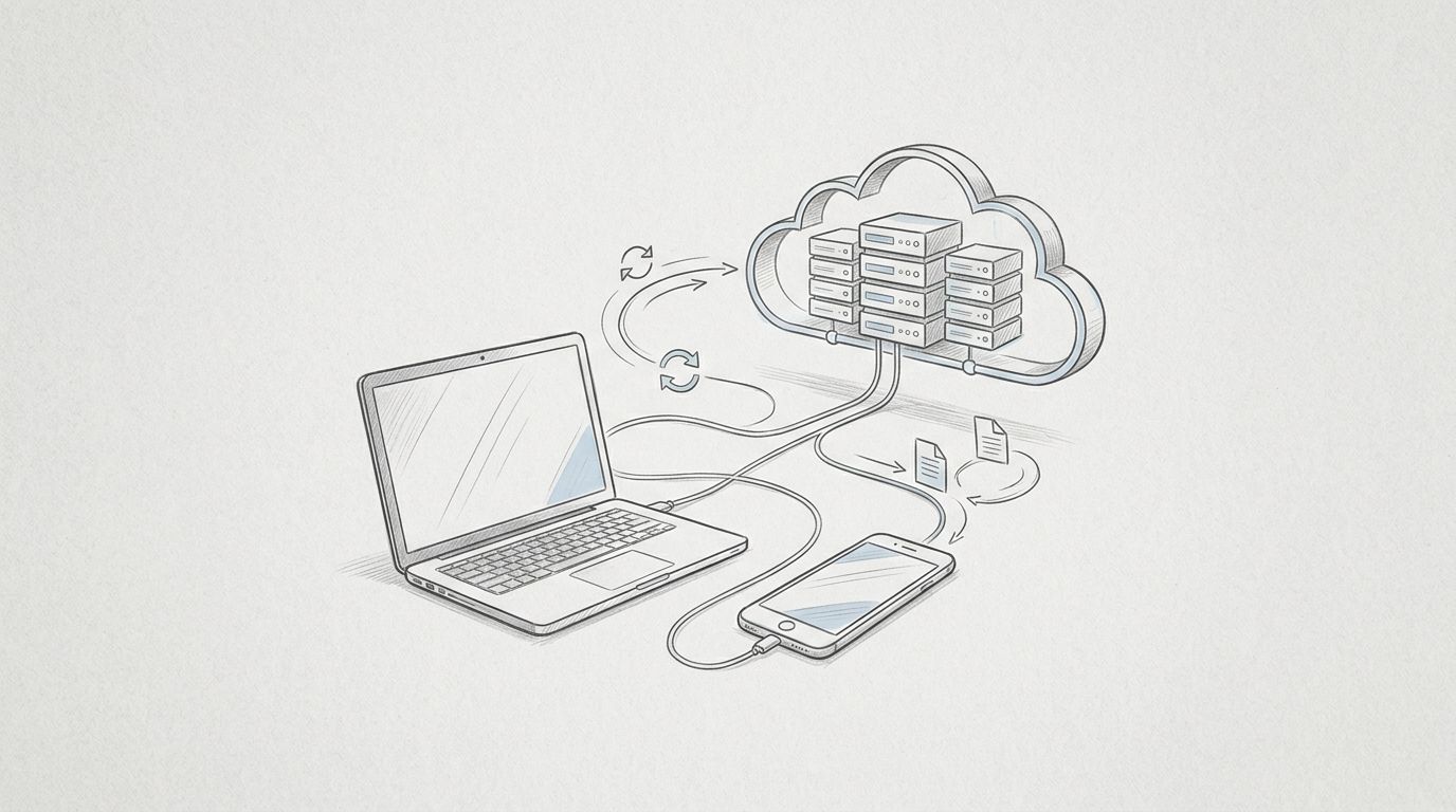 Laptop e smartphone collegati a una rete cloud da linee azzurre.