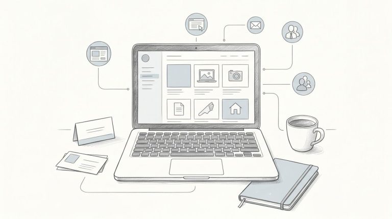 Laptop aperto con portfolio, taccuino, biglietto da visita e icone di contatti professionali.
