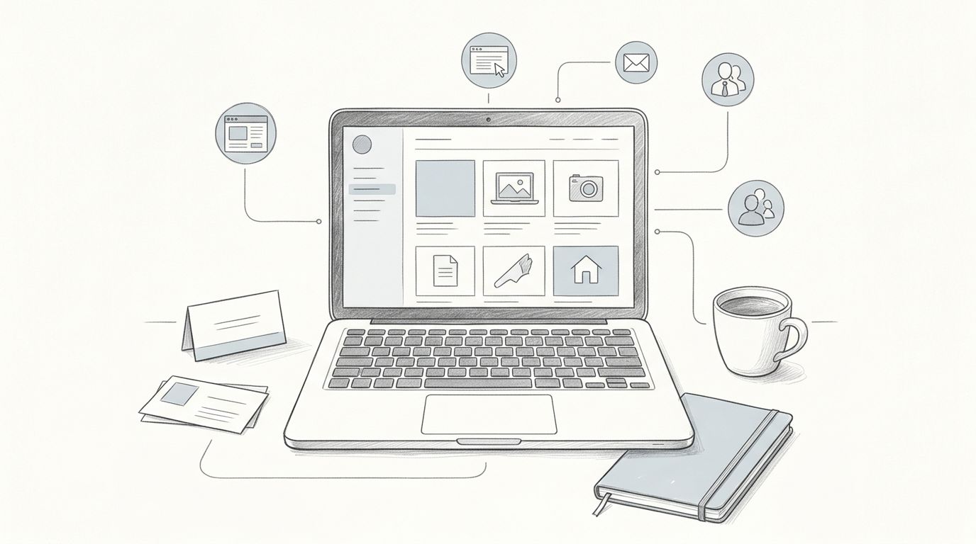 Laptop aperto con portfolio, taccuino, biglietto da visita e icone di contatti professionali.