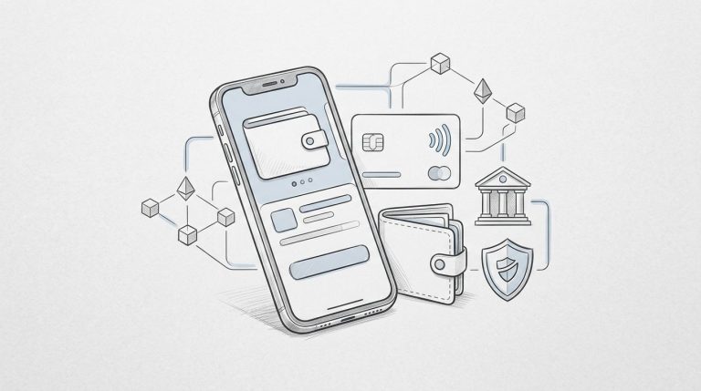 Smartphone con portafoglio digitale, carta contactless, banca, scudo e nodi blockchain