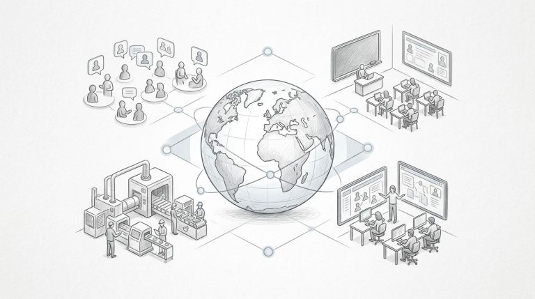 Globo digitale trasparente collegato a scuola, industria, lavoro e socialità virtuali.