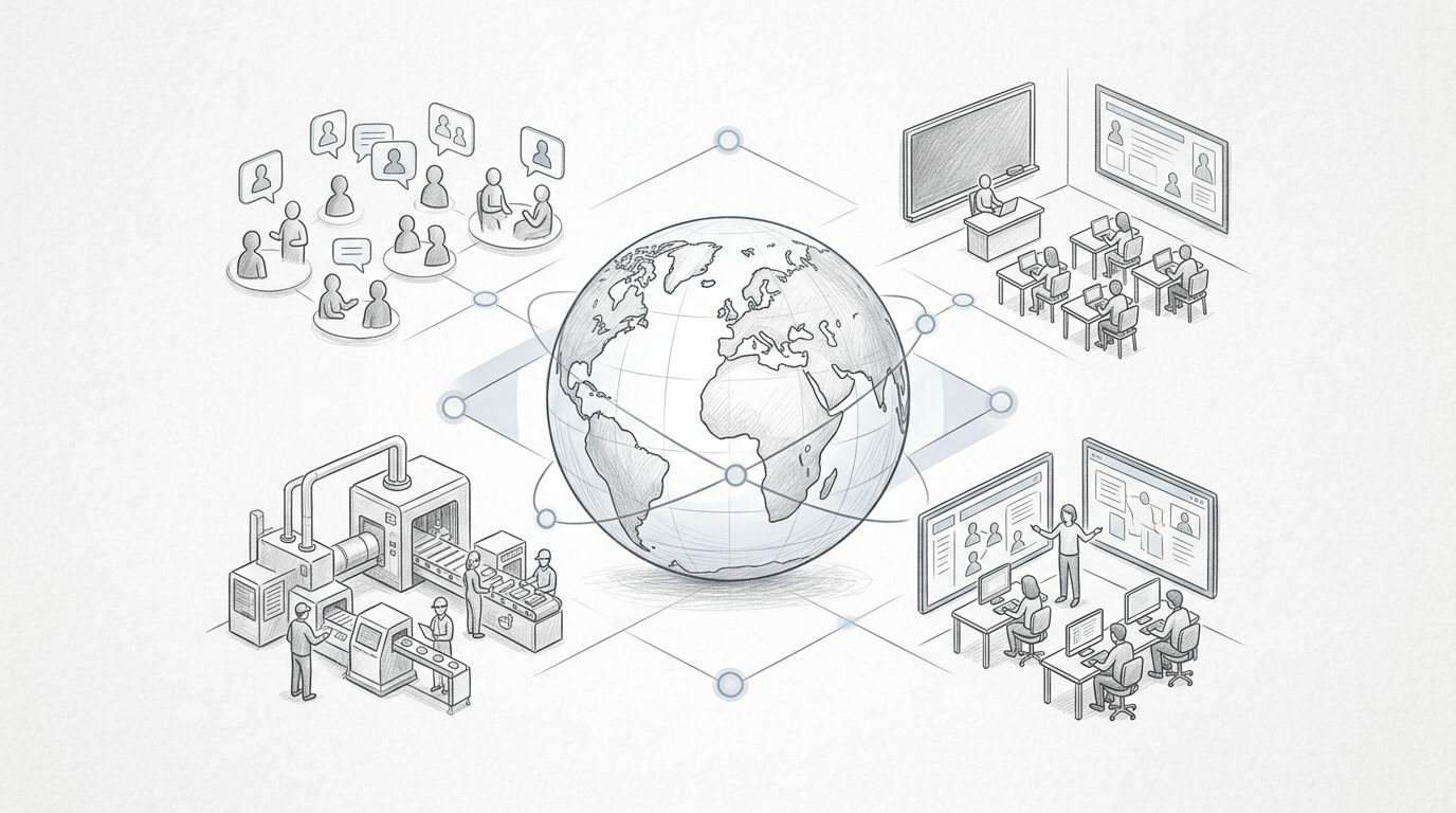 Globo digitale trasparente collegato a scuola, industria, lavoro e socialità virtuali.