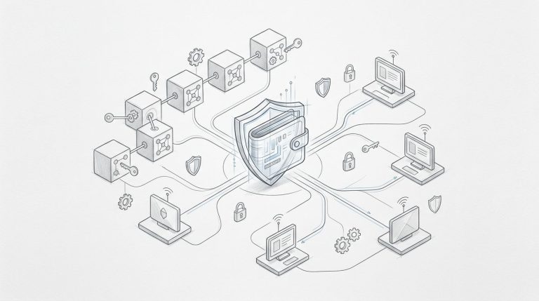 Portafoglio digitale collegato a una rete blockchain con nodi e simboli di proprietà.