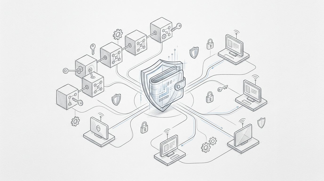 Portafoglio digitale collegato a una rete blockchain con nodi e simboli di proprietà.