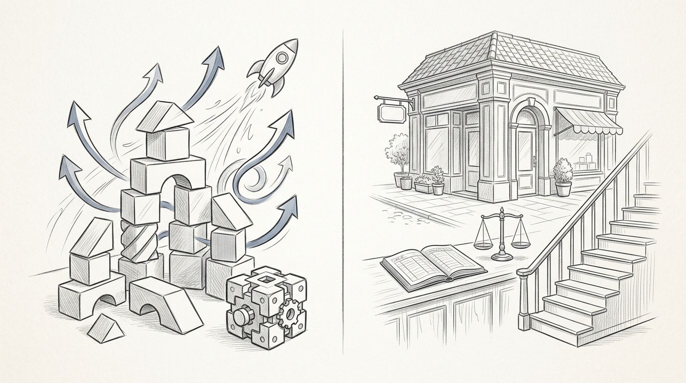 Confronto illustrato tra una startup innovativa e un’impresa tradizionale stabile.