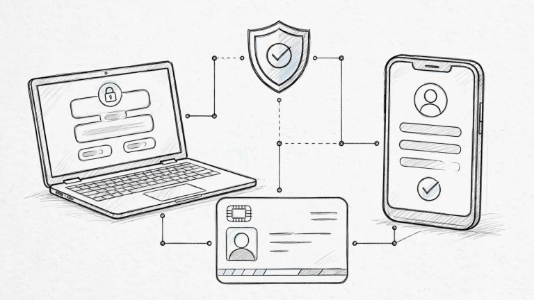 Smartphone e laptop per l’autenticazione accanto a una carta d’identità elettronica e uno scudo.