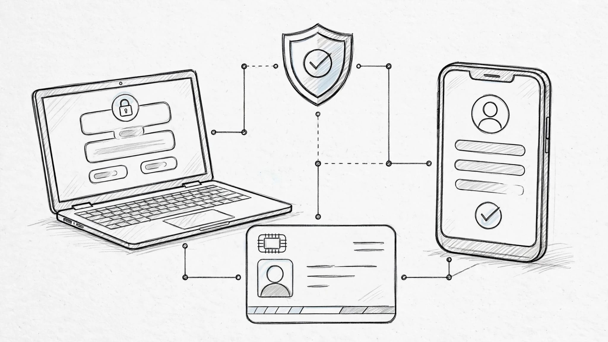 Smartphone e laptop per l’autenticazione accanto a una carta d’identità elettronica e uno scudo.