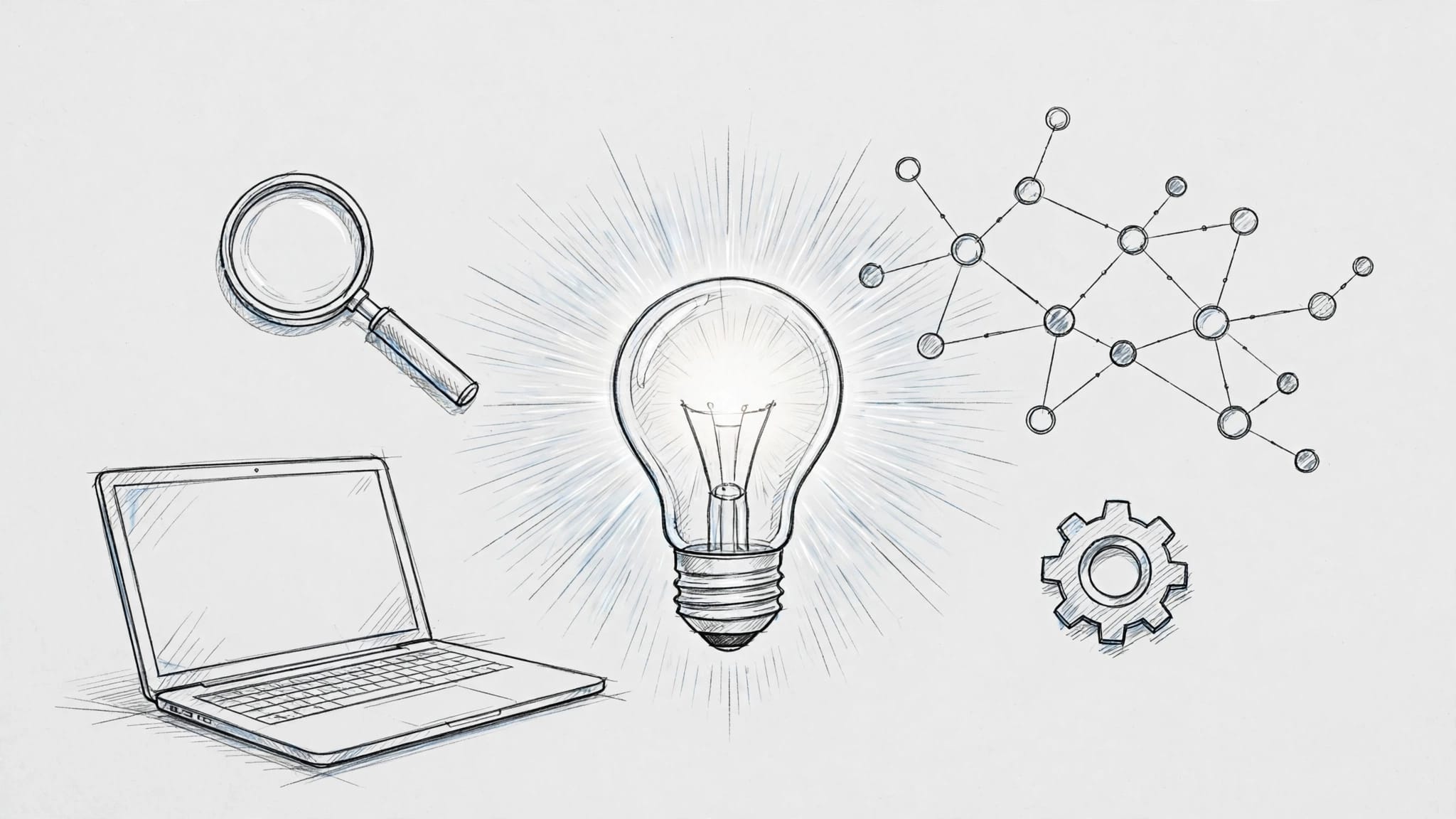 Laptop, ingranaggio e lente d’ingrandimento attorno a una lampadina luminosa.