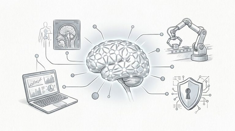 Cervello luminoso collegato a laptop, scansione medica, braccio industriale e scudo informatico.