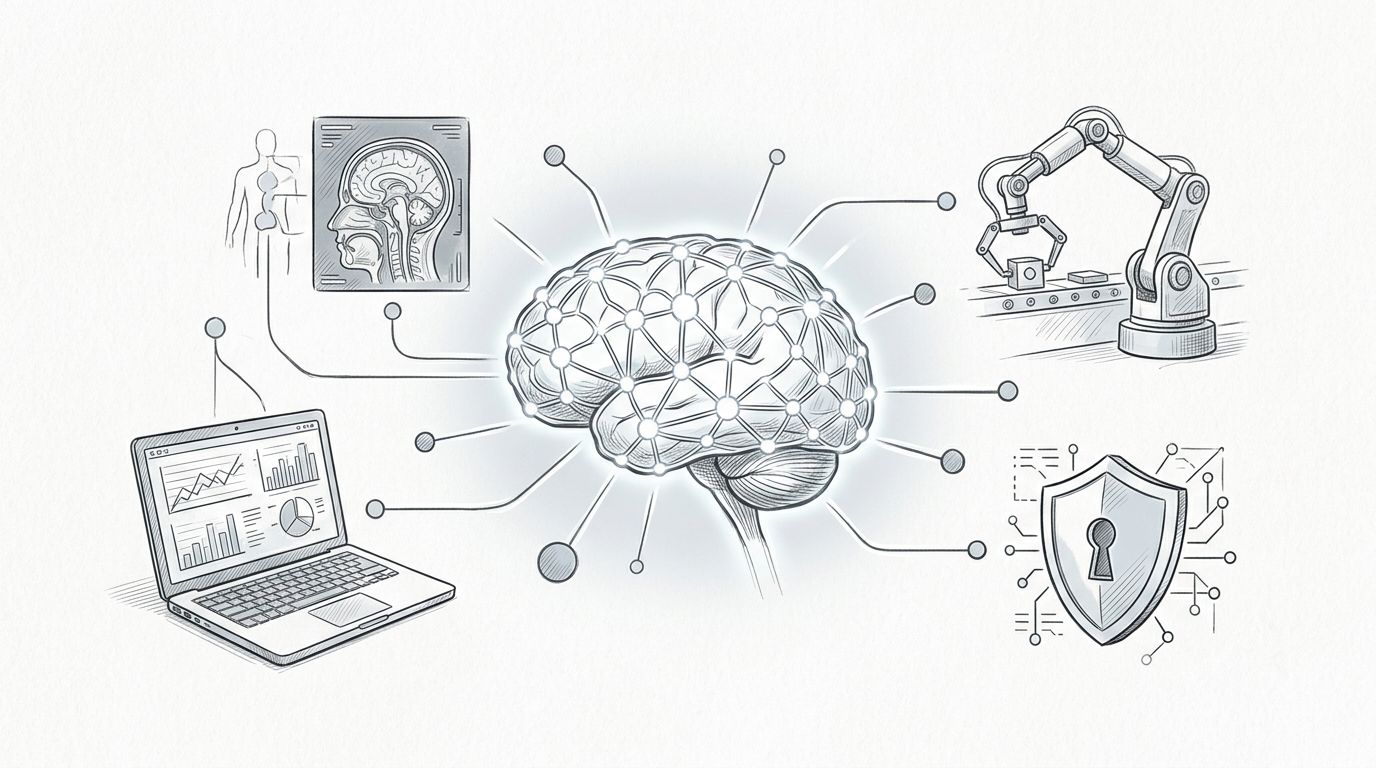 Cervello luminoso collegato a laptop, scansione medica, braccio industriale e scudo informatico.