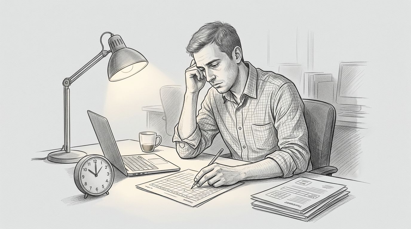 Impiegato al lavoro con foglio, portatile, orologio e documenti sotto una lampada.