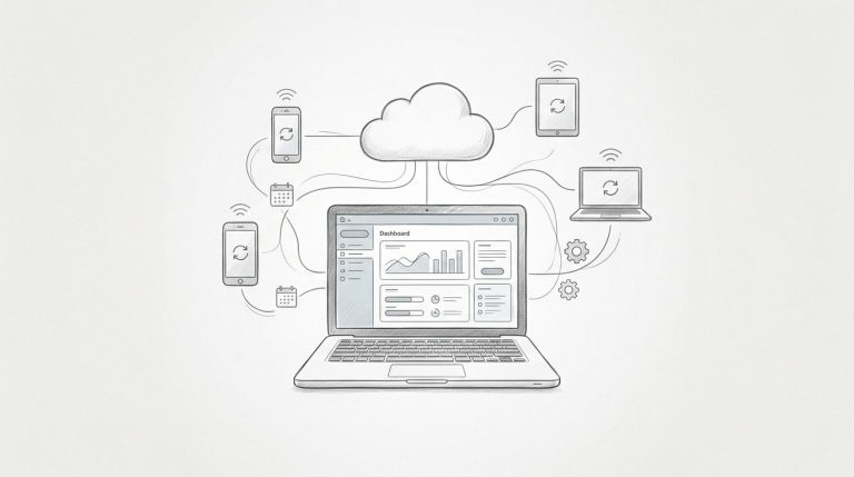 Laptop con dashboard cloud collegata a dispositivi, calendario e ingranaggio.