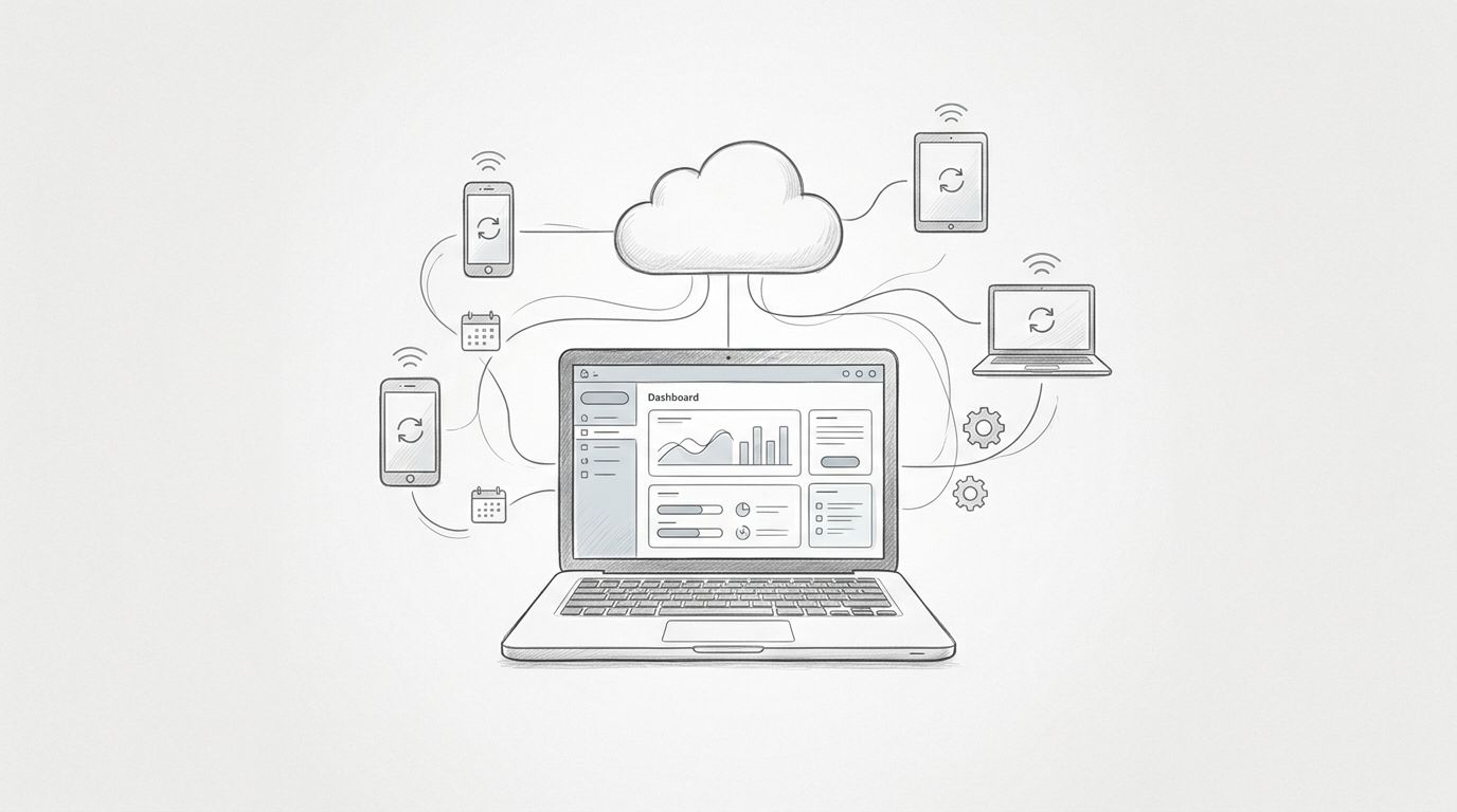 Laptop con dashboard cloud collegata a dispositivi, calendario e ingranaggio.