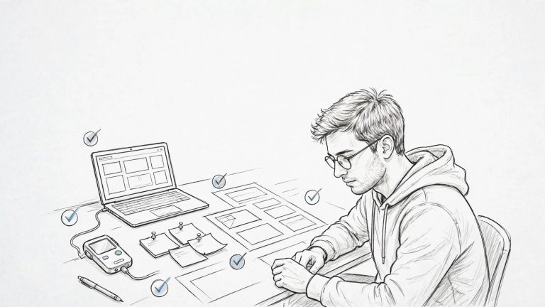 Fondatore testa un prototipo con wireframe, schede adesive e feedback positivi.