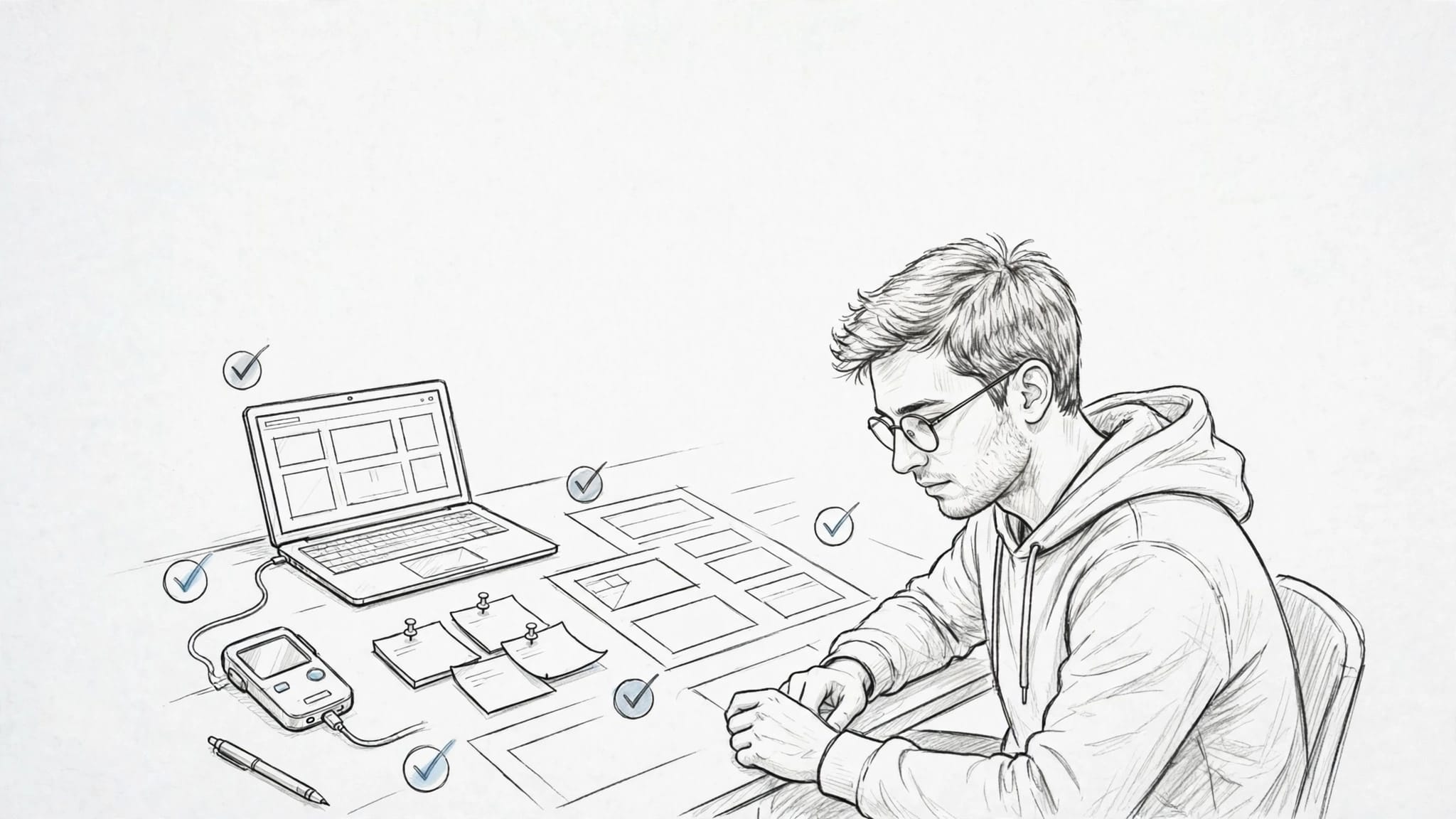Fondatore testa un prototipo con wireframe, schede adesive e feedback positivi.