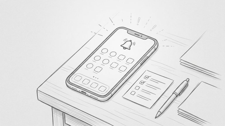 Smartphone con notifiche ridotte, una campanella urgente e una checklist sulla scrivania.