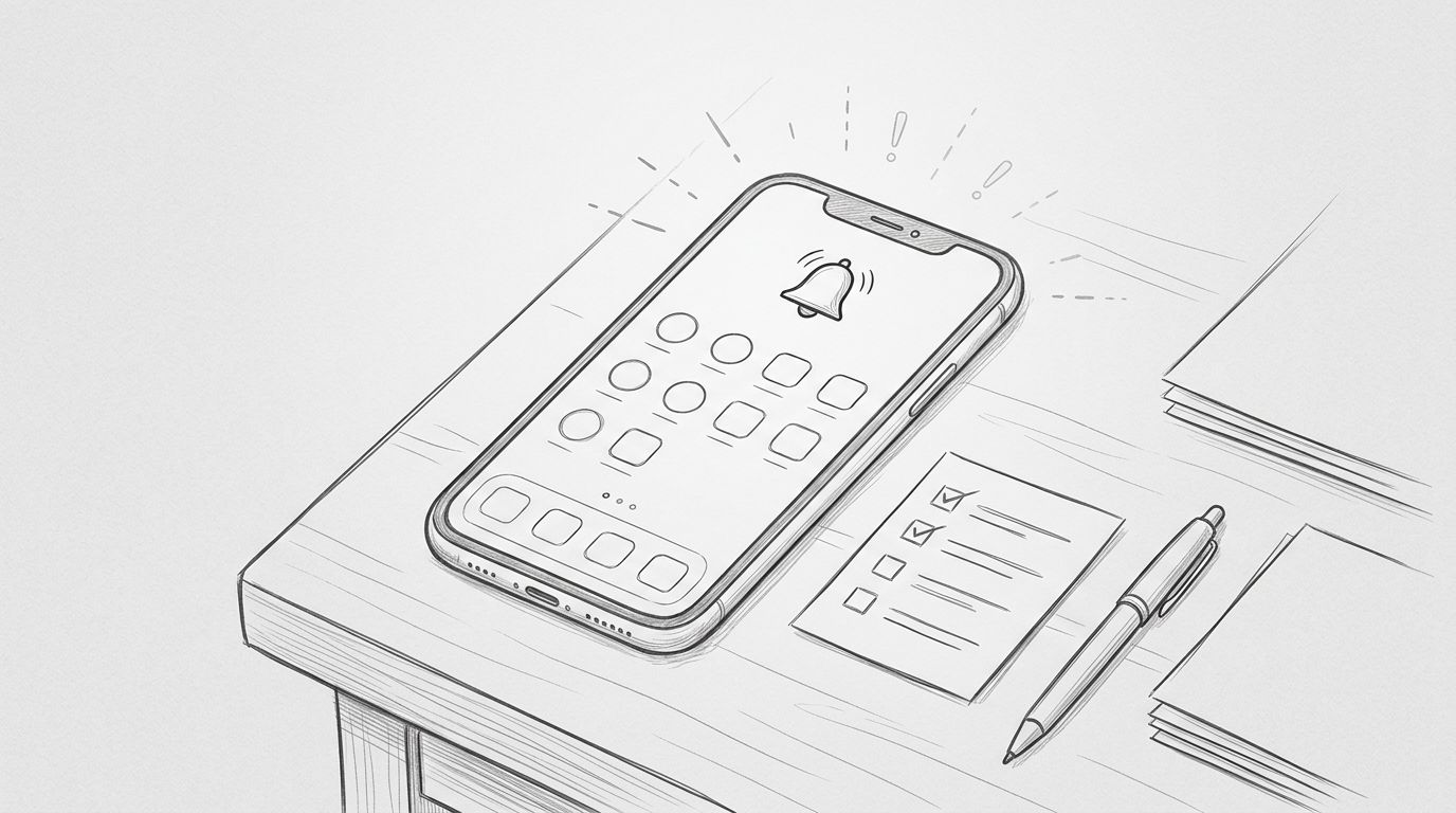 Smartphone con notifiche ridotte, una campanella urgente e una checklist sulla scrivania.