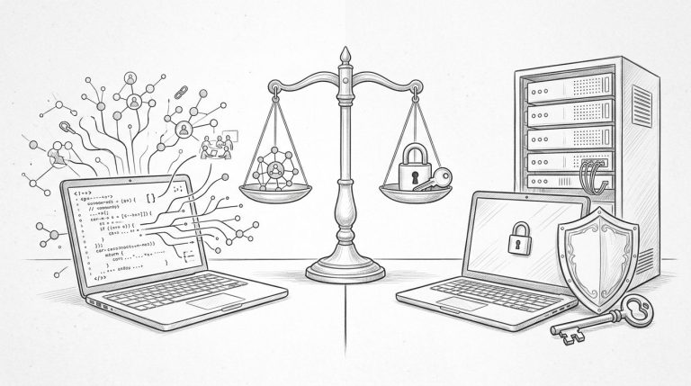 Un laptop aperto e uno chiuso rappresentano software open source e proprietario.