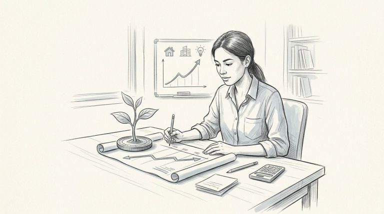 Un fondatore studia la crescita di una startup accanto a una piantina e una moneta.