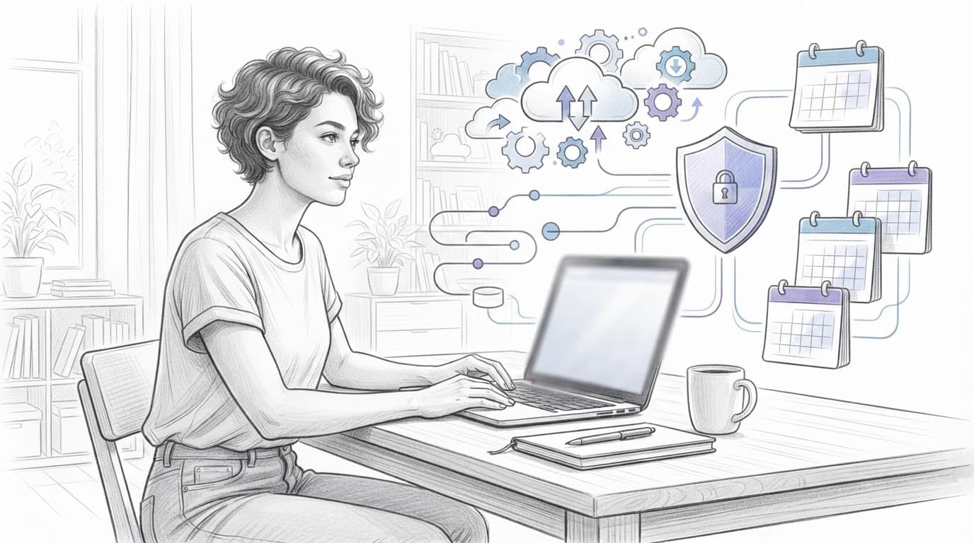 Una persona alla scrivania con laptop, taccuino, caffè e simboli digitali.
