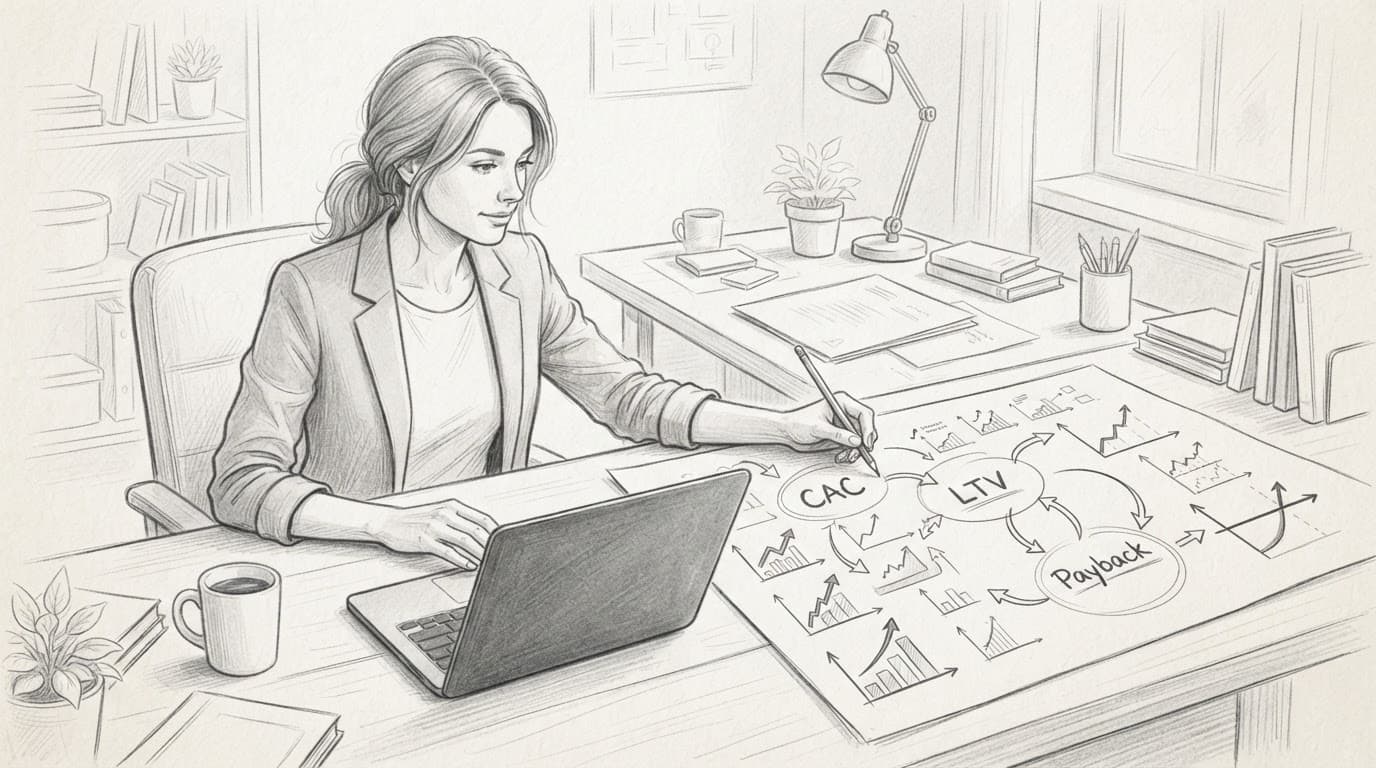 Fondatrice al laptop collega fogli con grafici astratti in uno studio luminoso.