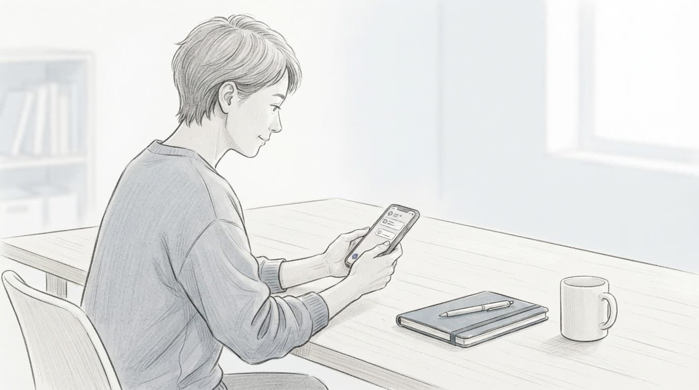 Una persona gestisce con calma le notifiche su uno smartphone, accanto a un taccuino chiuso e una tazza.