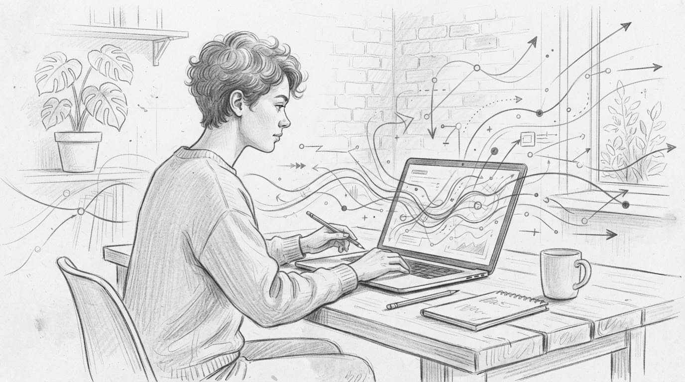 Una persona lavora al laptop tra linee astratte di rete digitale.
